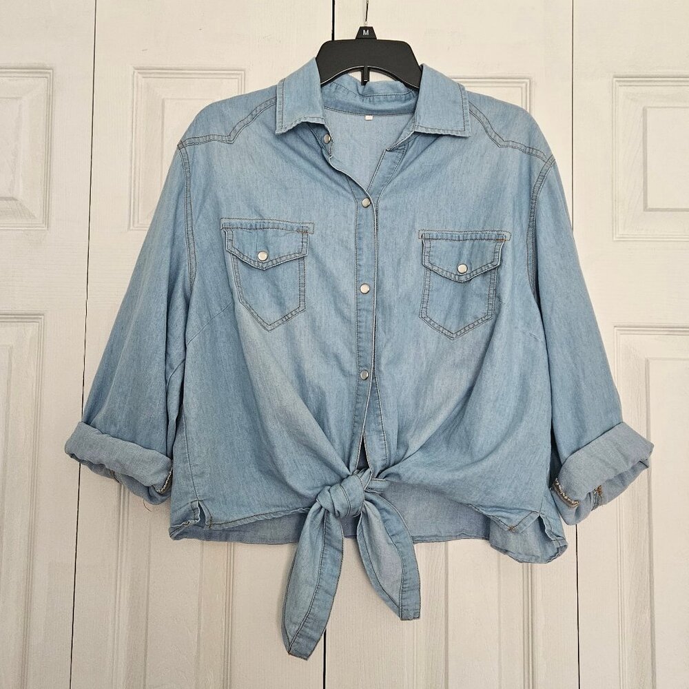 Chambray Denim Crop Top Tie Front